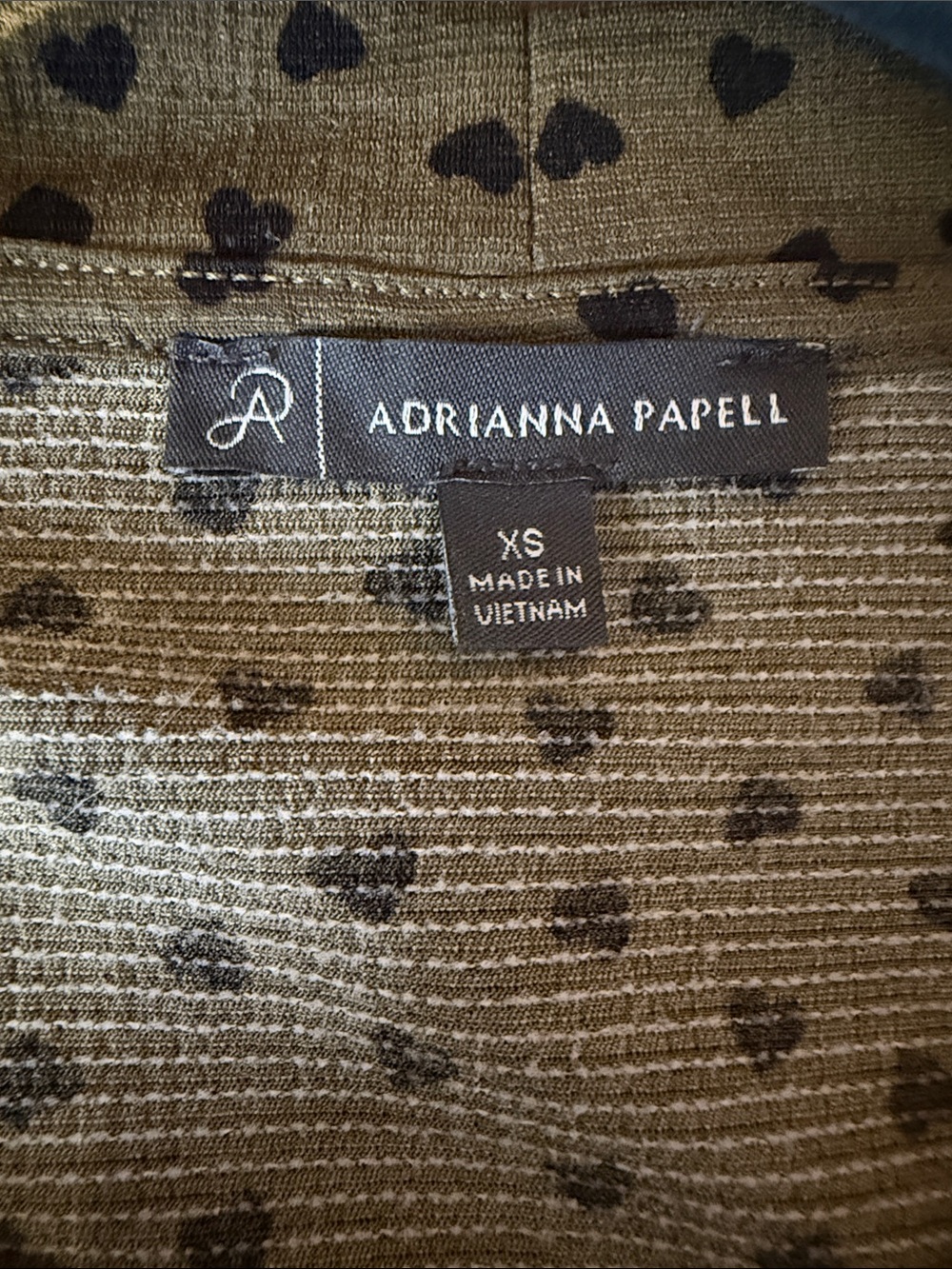 Adrianna Papell Olive Green Top with Black Heart Print